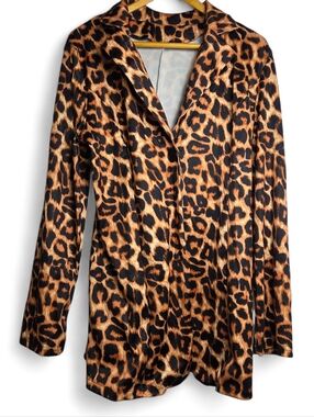 Women's 3XL Leopard Print Blazer Jacket Single Button Long Sleeve Lightweight